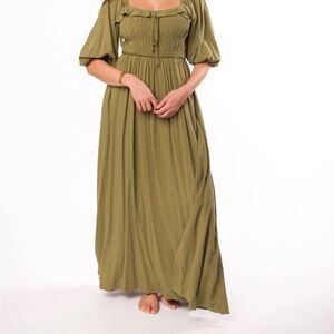 Pinkblush Green Maxi Sundress with Puff Sleeves and Square Neck